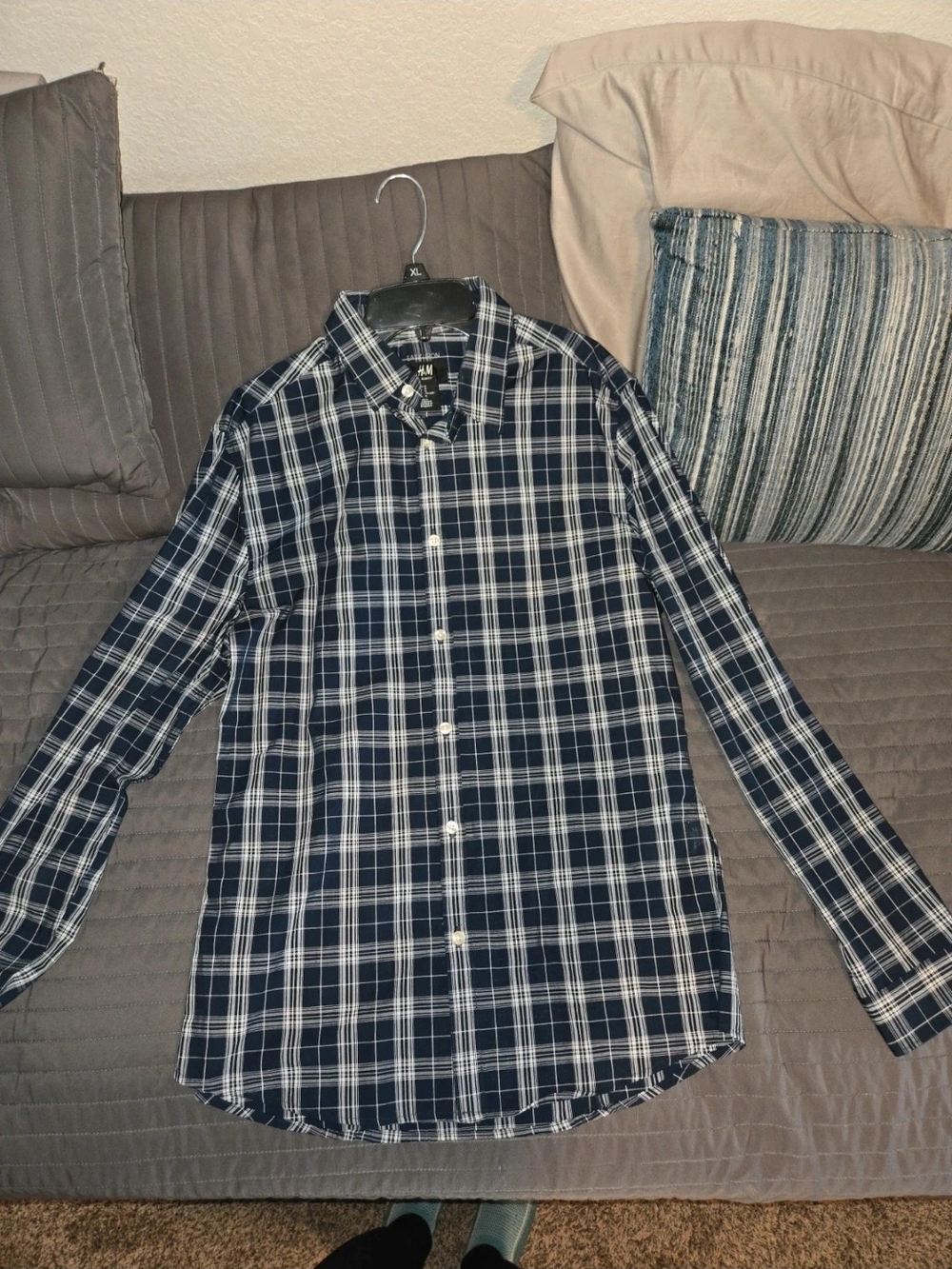 H&M Navy and White Plaid Cotton Button-Down Shirt
